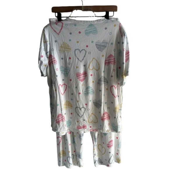 Women’s Plus1XL White Heart Print Short Sleeve Pajama Set Lounge Pants Set #D - Picture 3 of 6